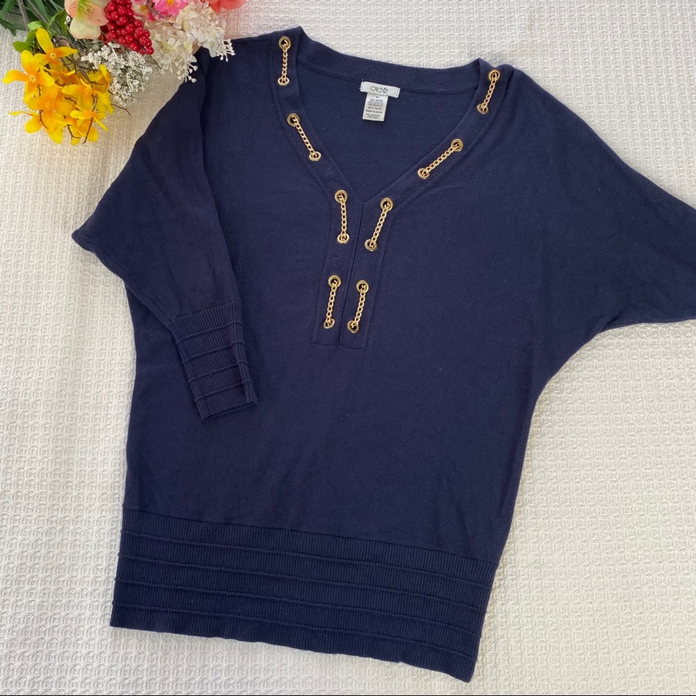 Caché Gold Chain Decorated Navy Blue Vneck Top
